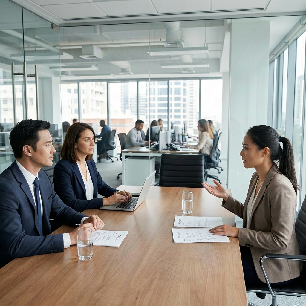 Two recruiters listen to a job candidate during an interview in a glass-walled office.